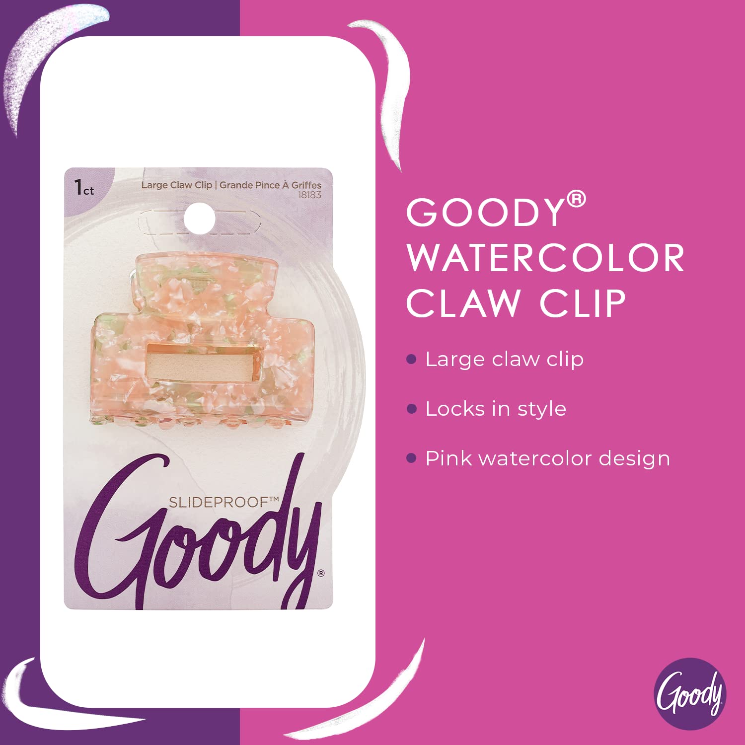 Goody Large Claw Clip, 1 Count - Watercolor, Pink - For All Hair Types - Great For Easily Pulling Up Your Hair - Pain-Free Hair