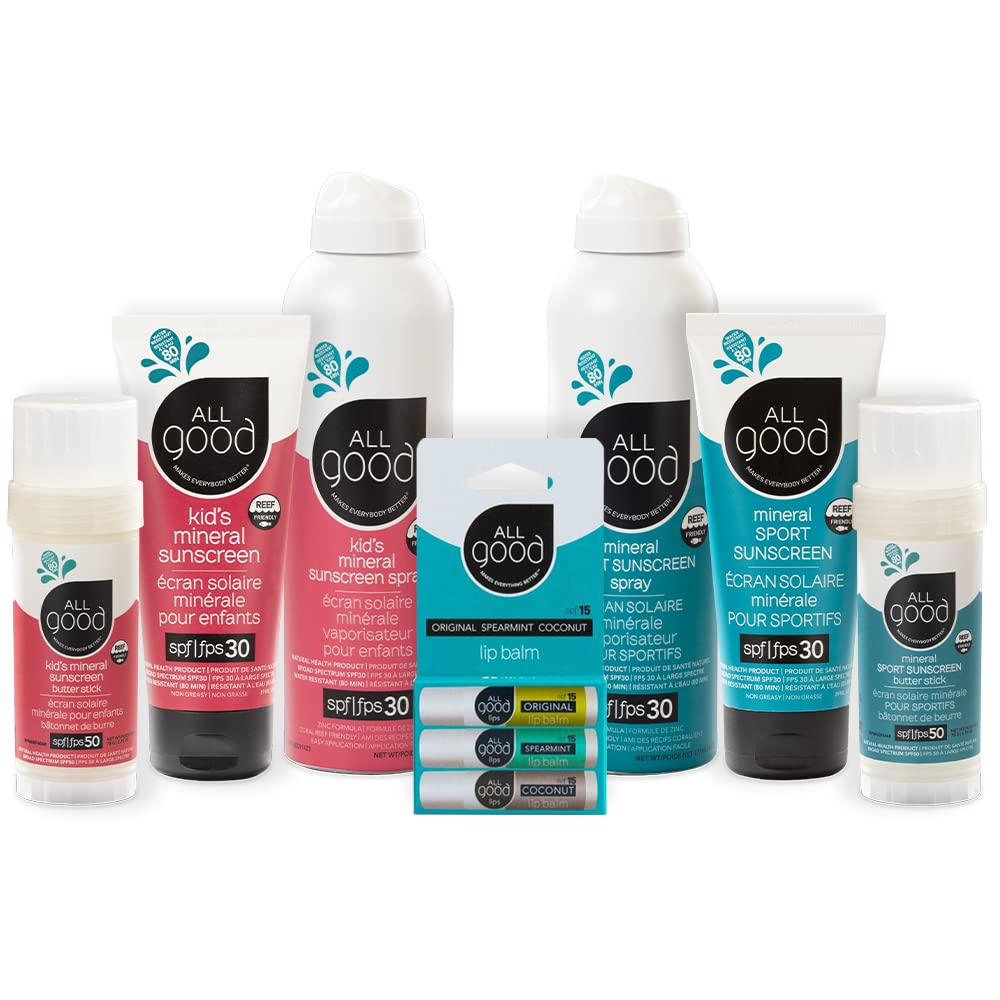 All Good Family Sunscreen Pack  Kids Lotion, Spray, Butter Stick & Sport Lotion, Spray, Butter Stick, Lip balm SPF 15 3pack