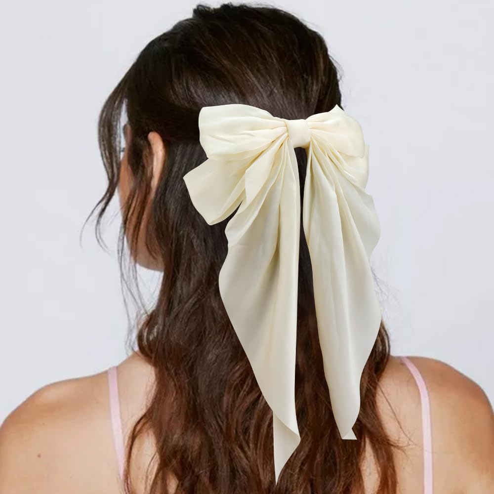 Atoden White Silky Satin Large Oversized Hair Bows With Long Tail And Metal Clips - 2Pcs Aesthetic Bowknot Hair Clips For Women,