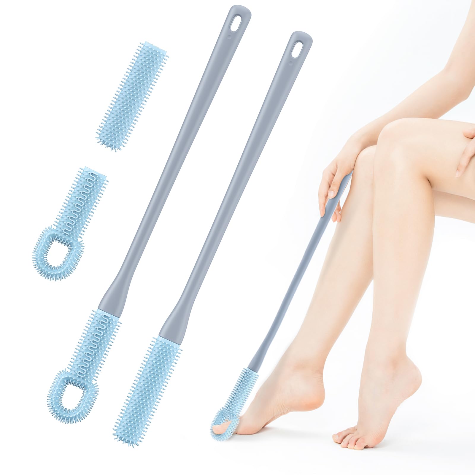 PENGARO Foot Scrubber for Shower  2 Pack Long Handle Toe Cleaning Brush with Replaceable Silicone Toe Scrubber Head for Seniors