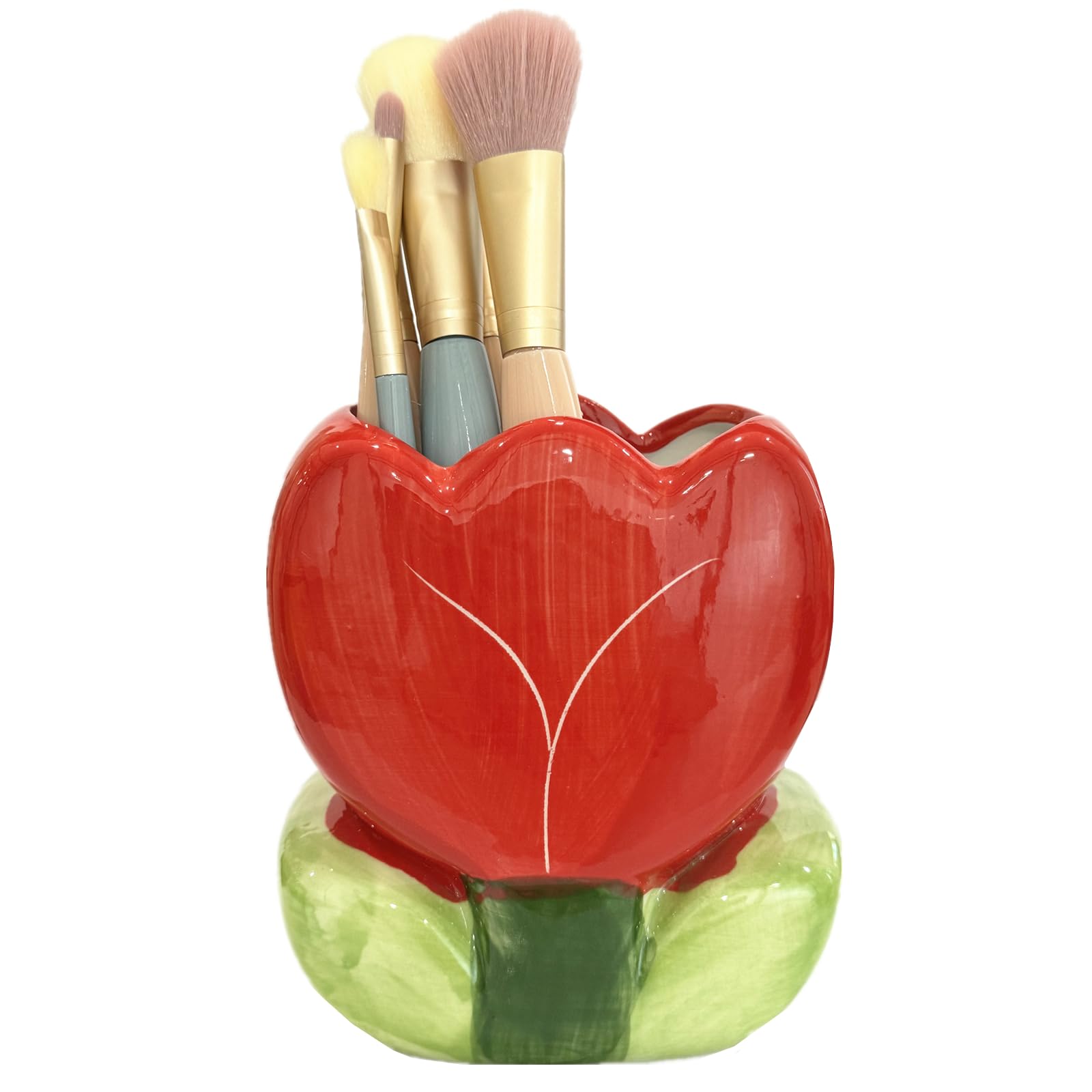 TANG SONG Ceramic Tulip Make up Brush Holder Flower Cosmetic Storage Box Pen and Pencil Holder Desktop Organizer (Red)