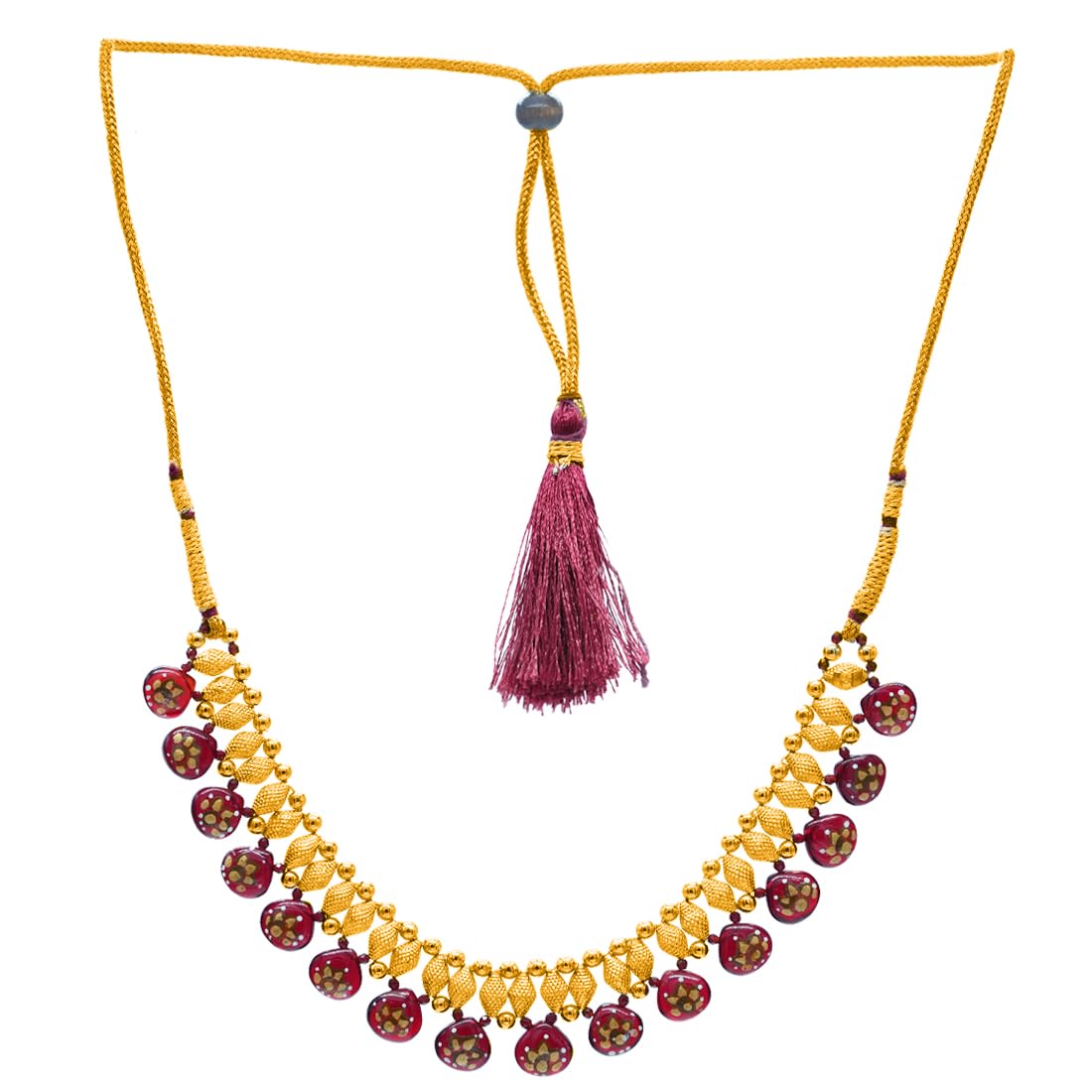 P.C. Chandra Jewellers 22Kt (916) Yellow Gold Thushi Necklace For Women | Maroon Circular Enamel Drops  1.7G Gold