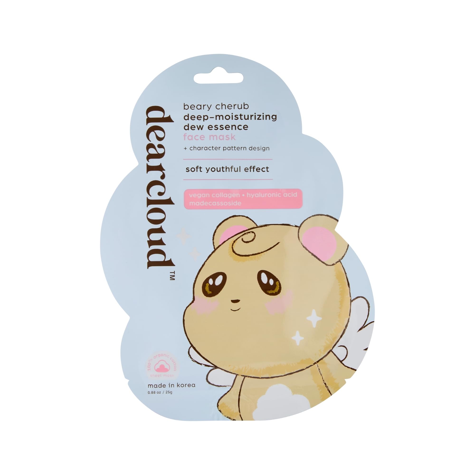 dearcloud Beary Cherub Deep-Moisturizing Dew Essence Face Mask, Korean Sheet Mask - Vegan Collagen, Hyaluronic Acid & Madecassos