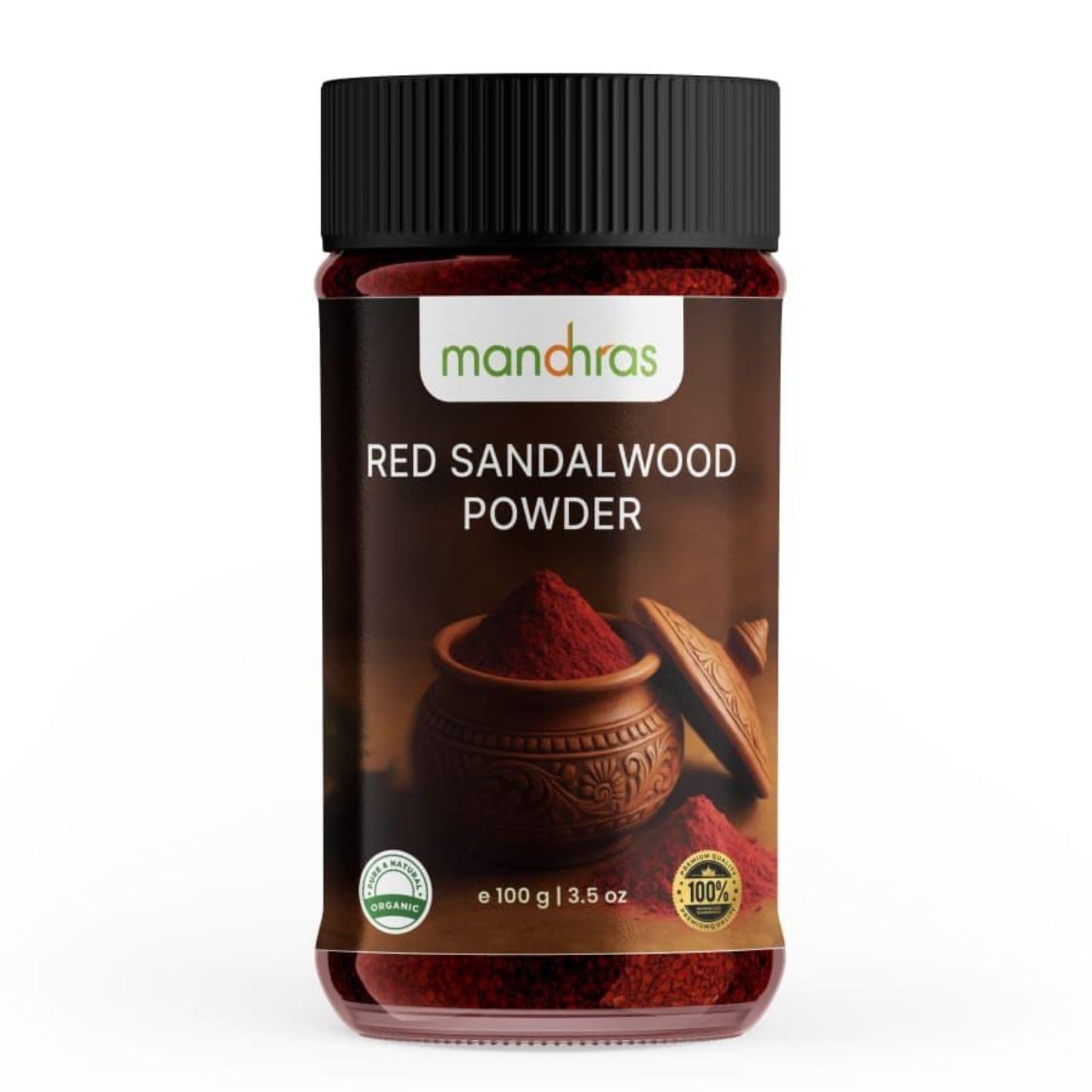 Mandhras Pure Organic Red Sandalwood (Rakta Chandan) Powder, Natural Skin Brightening & Acne Control Face Pack, Fades Dark Spots
