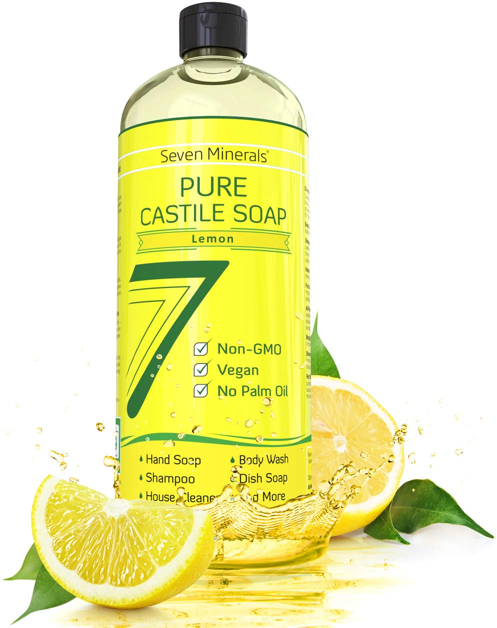 Pure Castile Soap, Lemon - No Palm Oil, GMO-Free - Gentle Liquid Soap For Sensitive Skin & Baby Wash - All Natural Vegan Formula