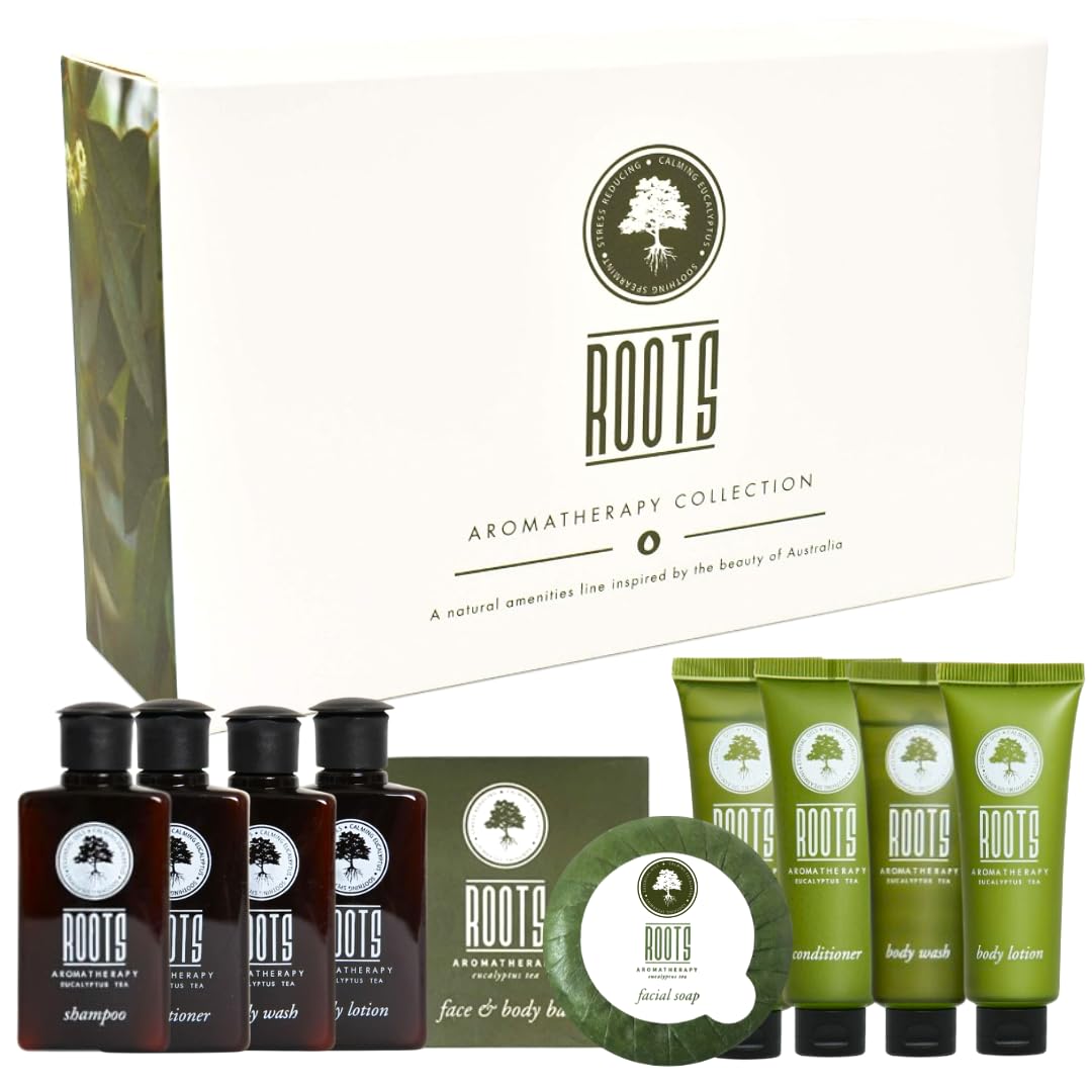 Roots Aromatherapy Amenity Kit Travel Size Bulk Pack (Eucalyptus Tea Fragrance) Toiletries For Bathroom, Guests, Hotels, Motels,