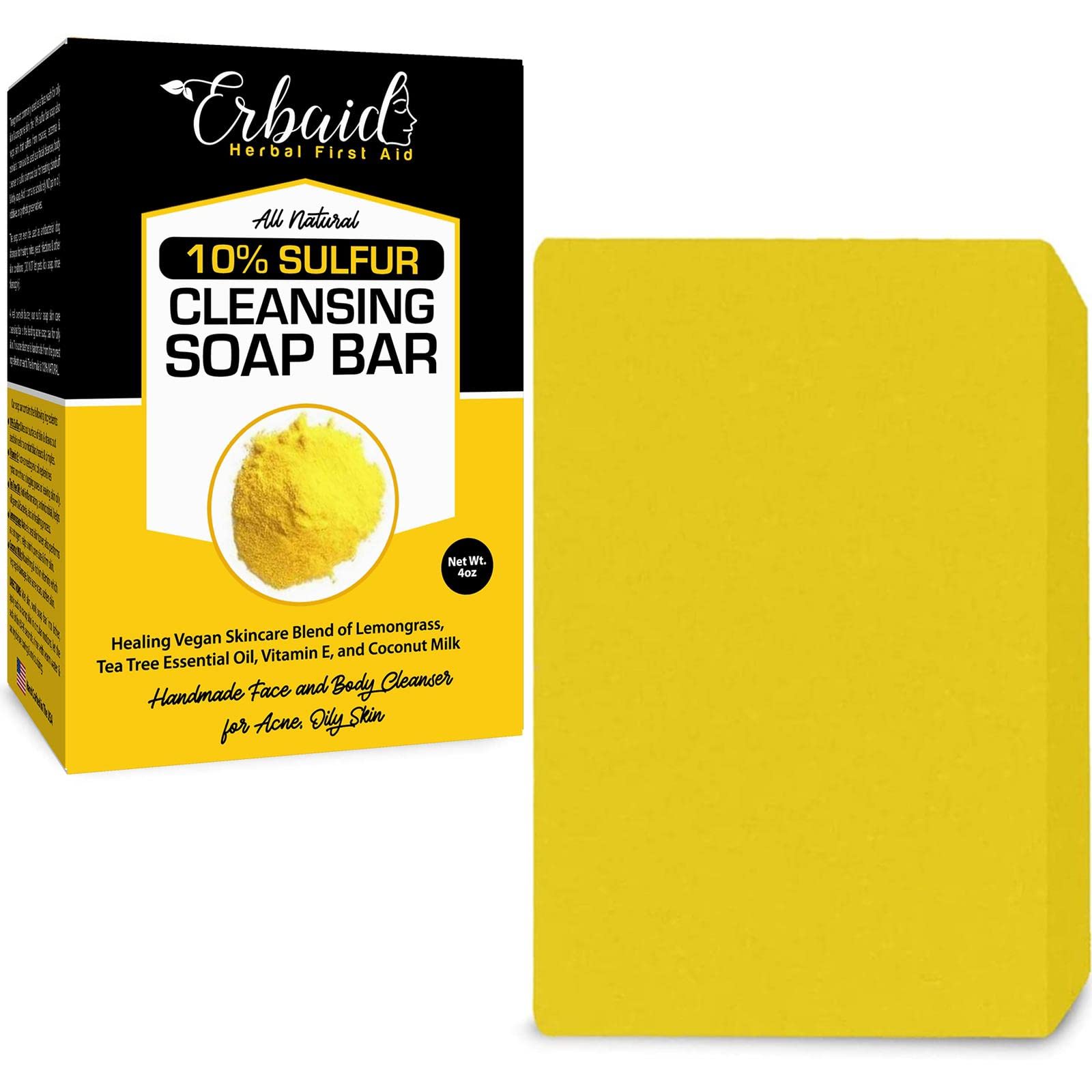 10% Sulfur Soap Cleansing Bar for Face & Body - All Natural Sulfur Facial Cleanser for Acne, Oily Skin - Skincare Blend of Lemon