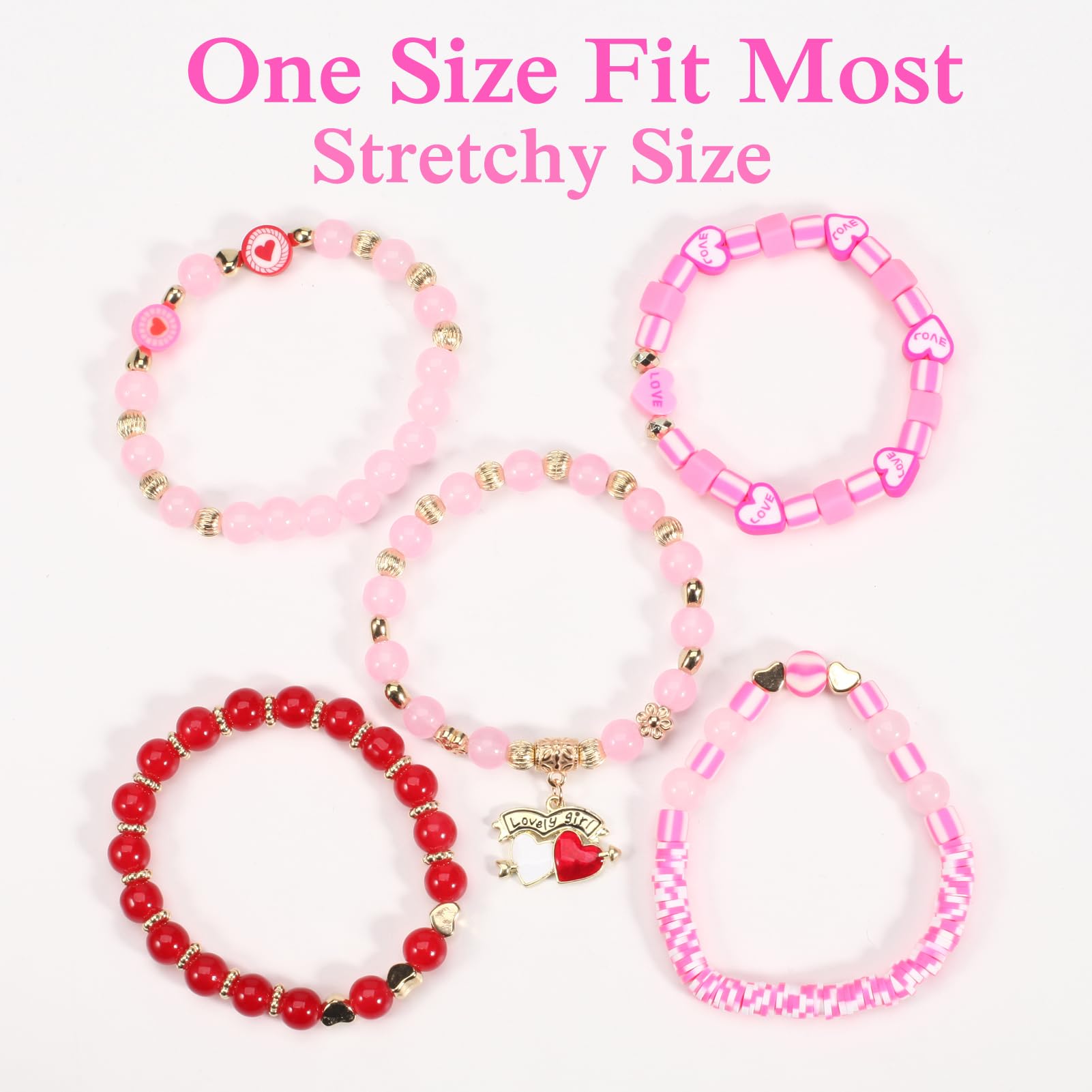 Ardorchid 5 Pack Valentine's Day Heishi Bracelets Cute Pink Red Love Heart Bead Stretch Stackable Bracelet for Women Holiday Bir