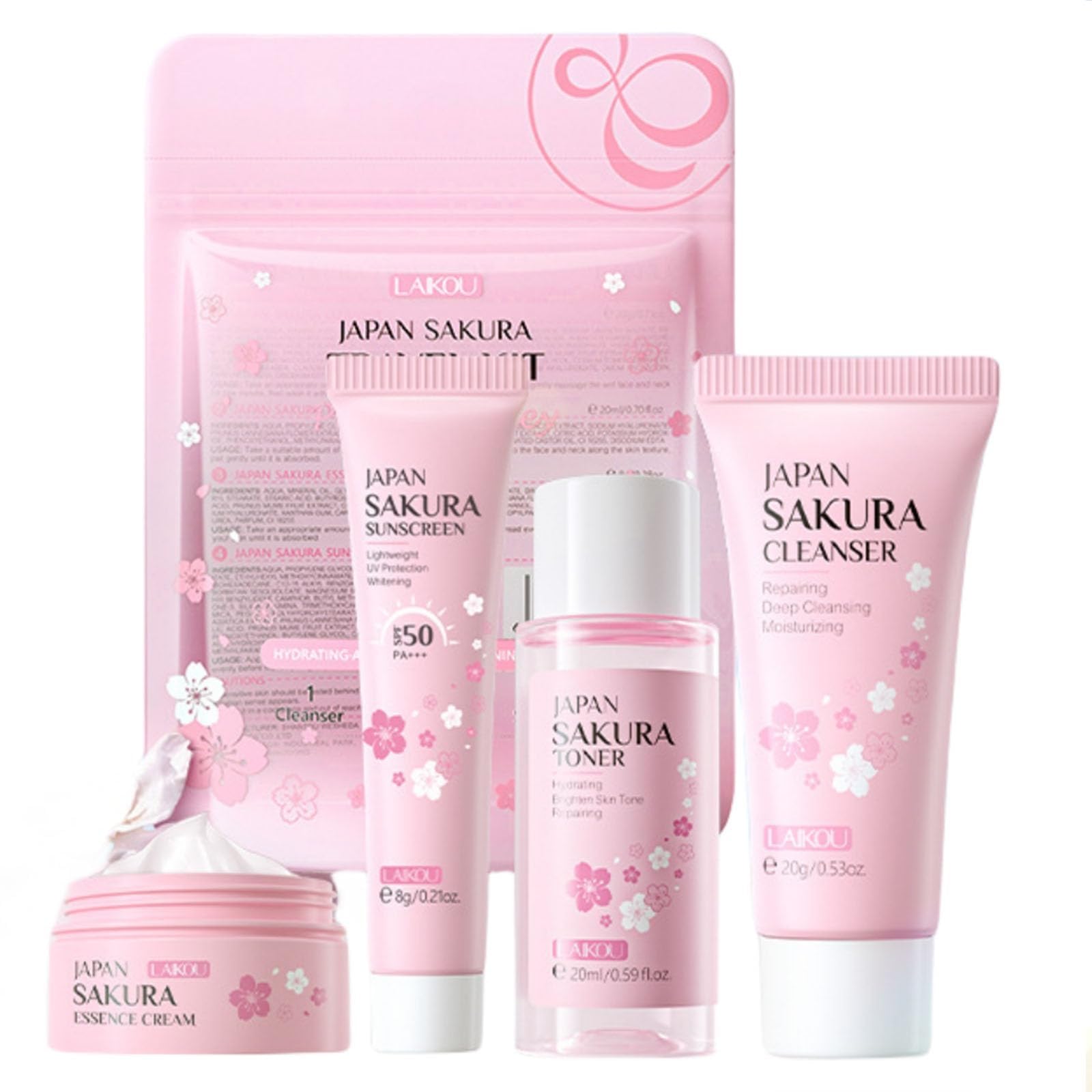 Sakura Travel Skincare Set For Teenage Girls - Face Routine Set For Women,4 Piece Gentle Skin Cleaning & Care Travel Size Kit Wi