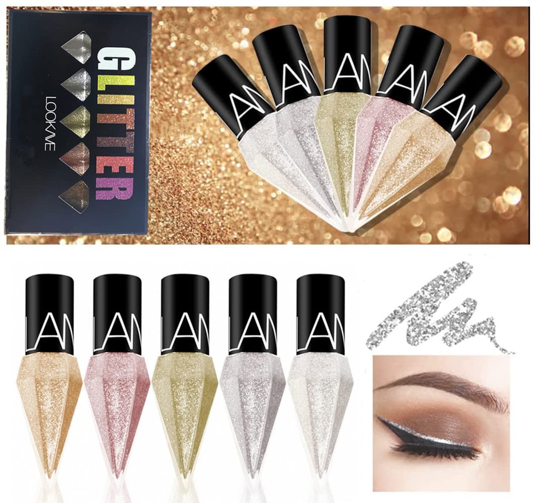 Go Ho Glitter Liquid Eyeliner Colorful Set,5 Colors Metallic Shimmer White Silver Gold Diamond Eye Liner,Glitter Eyeliner Eyesha