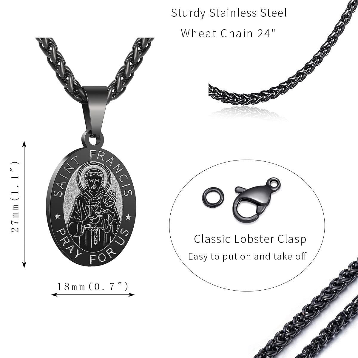 P. BLAKE Black St. Saint Francis Medal Necklace, Oval Stainless Steel Catholic Saint Francis of Assisi Pendant Medallion Chain