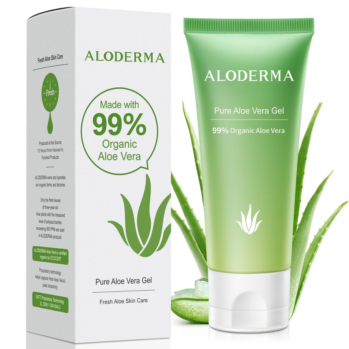 Aloderma 99% Organic Aloe Vera Gel Made within 12 Hours of Harvest, Easy Travel Size Tube for Body, Face, & Scalp, Cooling, Soot