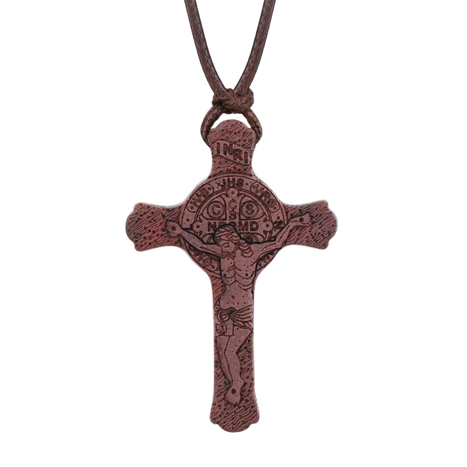COTTVOTT Wood Orthodox Cross Pendant Necklace Christian Crucifix Necklace Prayer Jesus for Women Men (F-Red Color)
