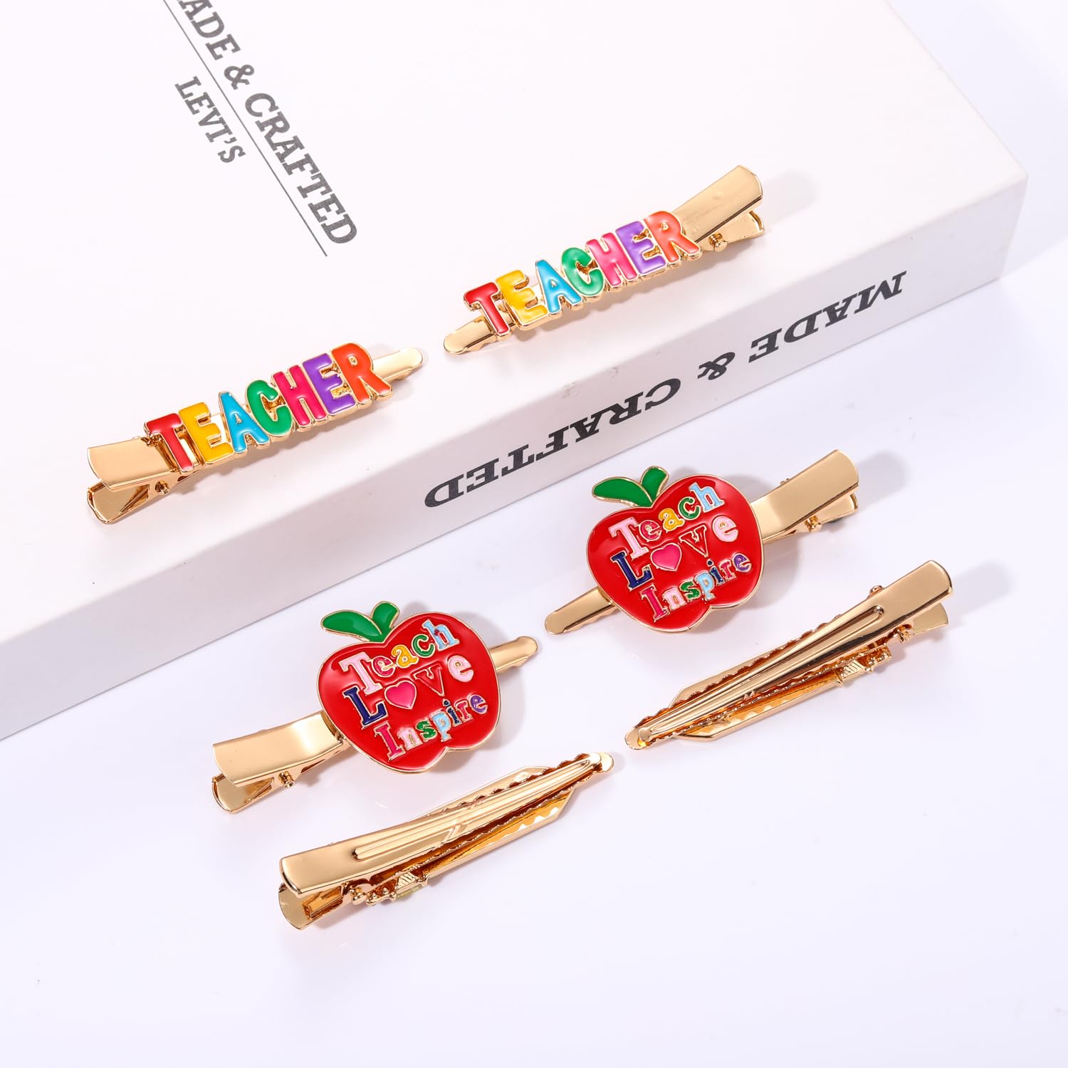 Hzeyn 6 Pack Teacher Hair Clips In Pencil, Teacher & Apple Designs - Rhinestone Embellished Hair Accessories For Back To School,