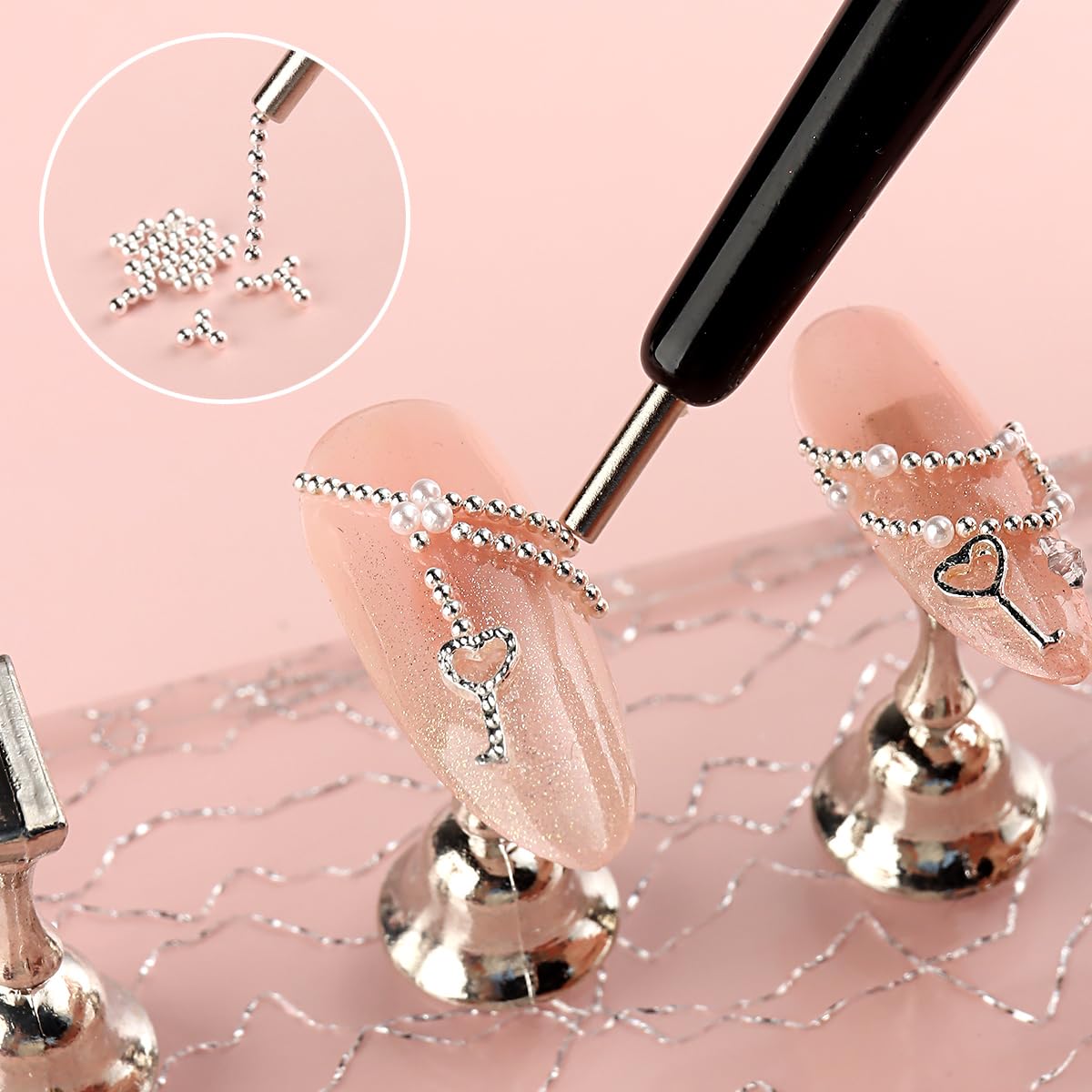 3D Metal Nail Art Charms Gold Silver Micro Caviar Beads Nail Rivets Studs With Magnetic Pen For Steel Ball Suction, For Diy Craf