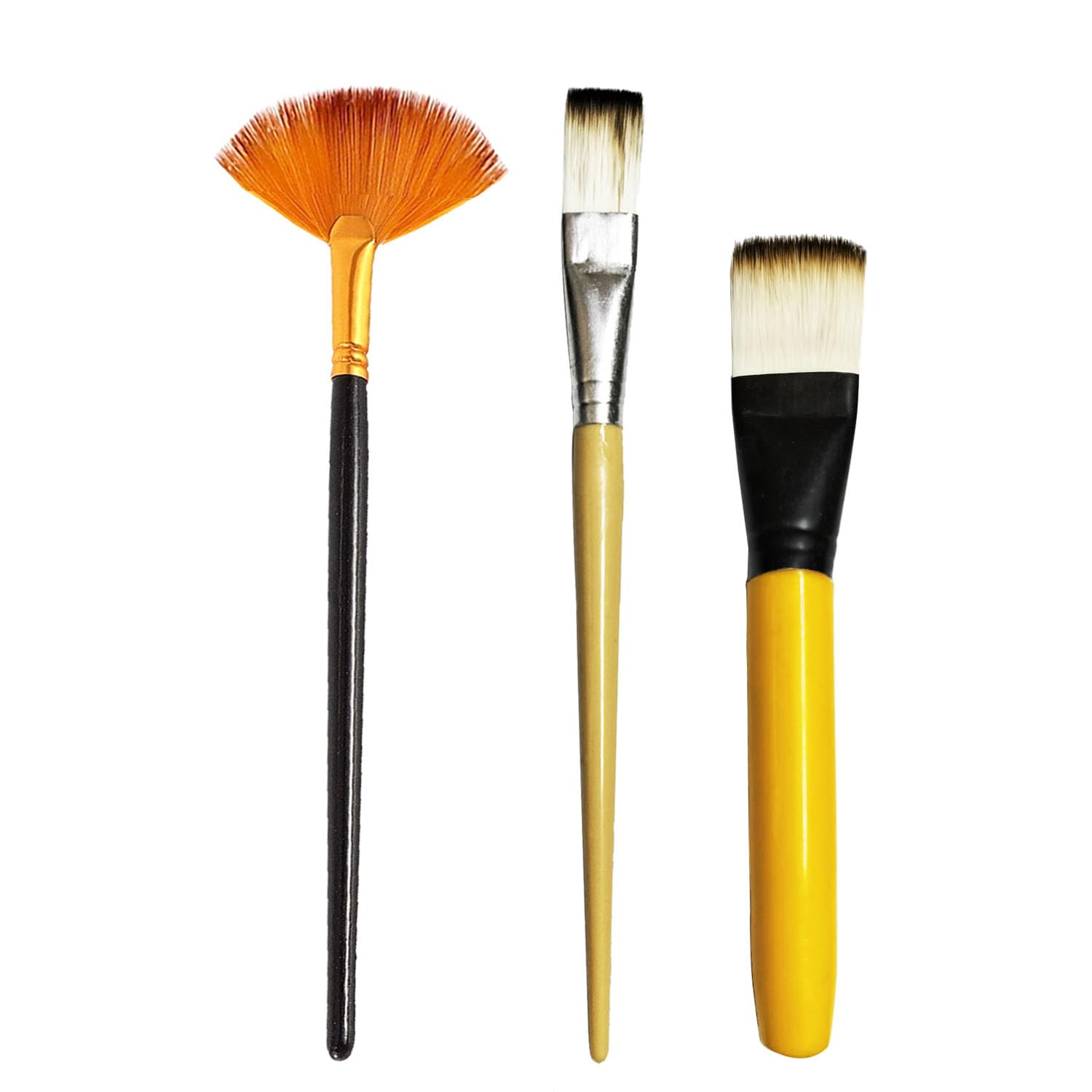 Blacklaoban Makeup Brushes Fan Brush For Makeup Nylon Hair Long Wood Rod Flat Brush For Makeup Pack Of 3 (Yellow)