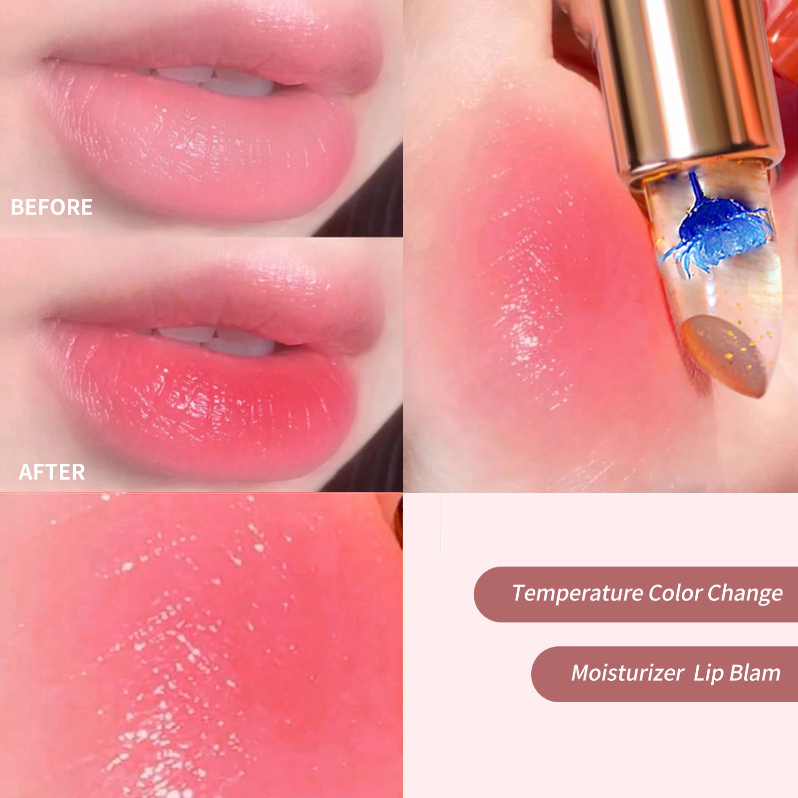 BLUE LOVE 3-Piece Color Changing Flower Jelly Lipstick Set - Nourishing Clear Lip Balm with Flower, Long-Lasting Moisturizing Li