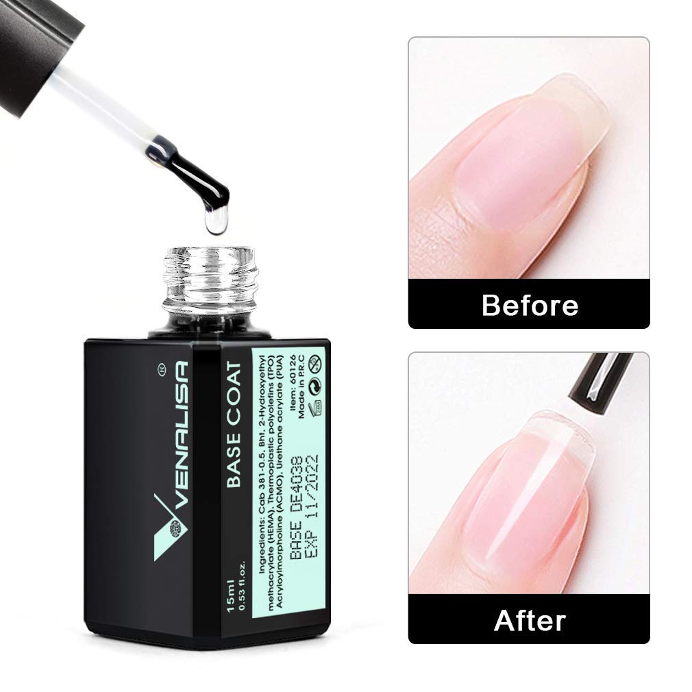 Venalisa 2 Pcs 15Ml Gel Nail Ploish Base And Top Coat Set, No Wipe High Gloss Long Lasting Tempered Top Coat Polish Soak Off Led