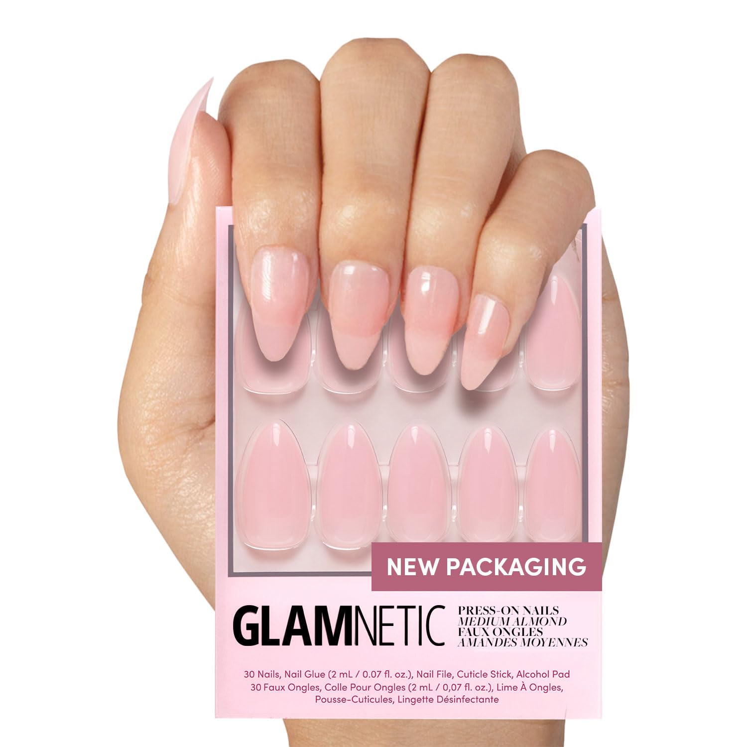 Glamnetic Press On Nails - Cloud 9 | Jelly UV Finish Medium Pointed Almond Shape, Reusable Pink Nail Kit in 15 Sizes, Semi-Trans