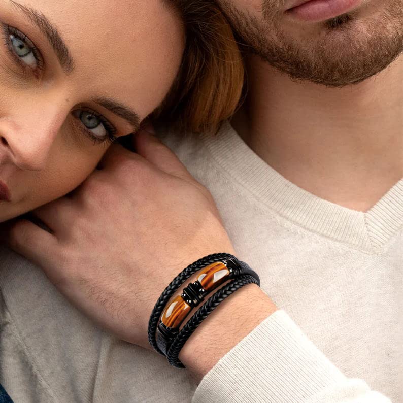 Gifts for Husband from Wife Leather Bracelets for Husband Tiger Eye Stone Anniversary Birthday Love You Forever Mens Black Layer