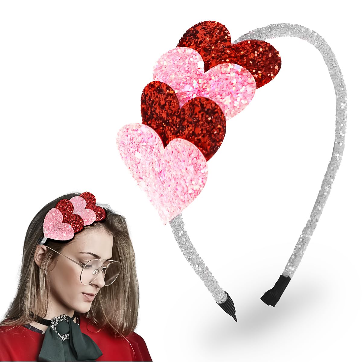 Doneace Valentine Heart Headband Pink and Red Love Sequins Hair Band Glitter White Hair Hoop Valentine's Day Hair Accessories He
