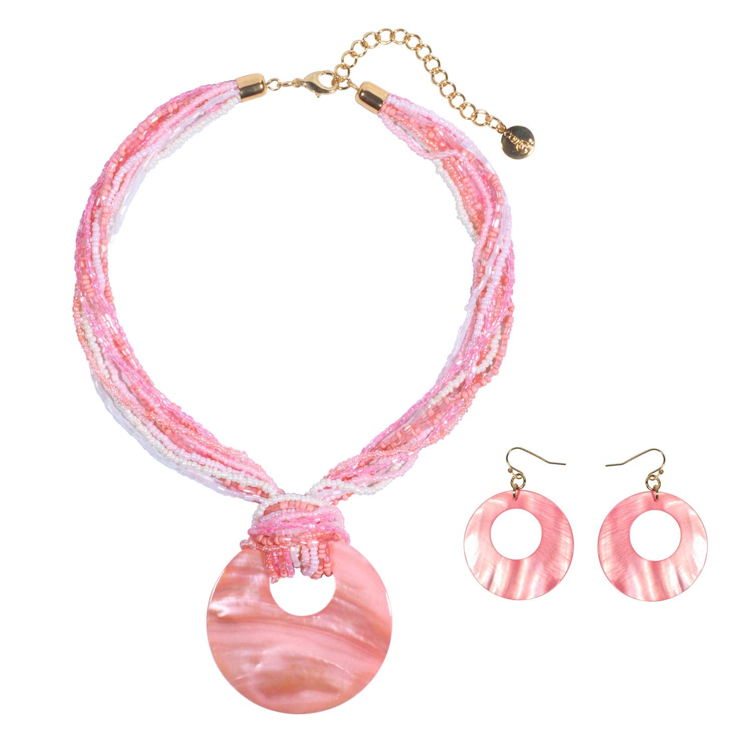 Coiris Multi Strand Statement Colorful Beaded Necklace with Big Circle Shell Pendant for Women (N0055-Pink)