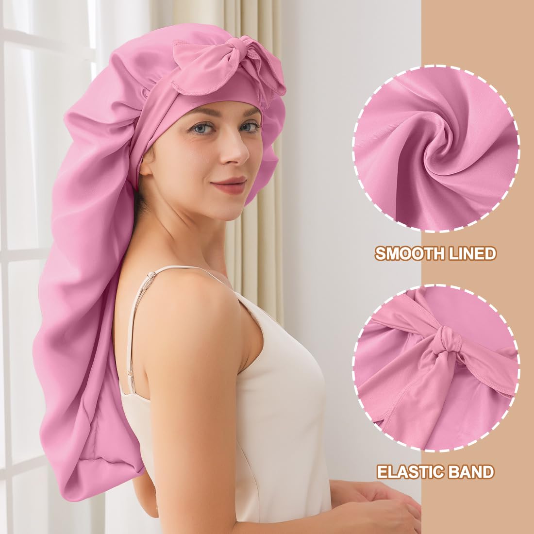Long Satin Bonnet For Sleeping, Satin Lined Braid Bonnet With Elastic Band, Adjustable Long Strap Bonnets For Women Braids(Rose