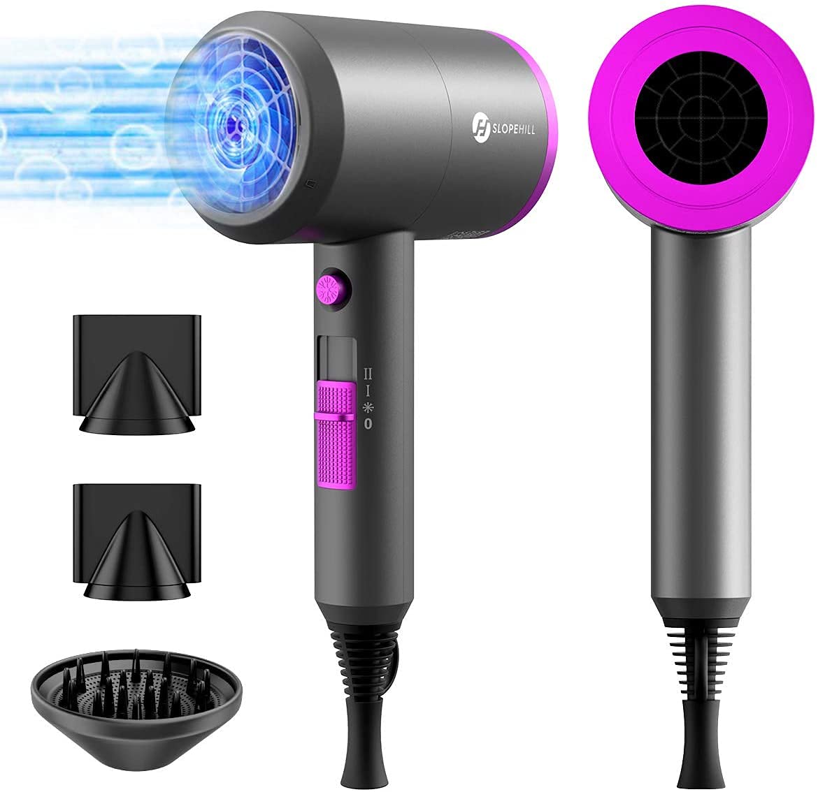 Slopehill Ionic Hair Dryer 1800W Low Noise with 2 Nozzles & Diffuser, Dark Grey, Model 1902