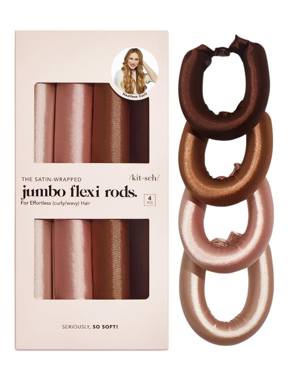 Kitsch Satin Heatless Curling Rods - Jumbo Flexi Rods for Overnight Curls, 4 Count, Rosewood, Model 60640