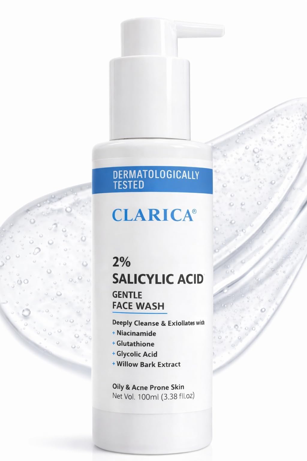 Clarica 2% Salicylic Acid Face Wash For Oily & AcneProne Skin | Acne Face Wash With Niacinamide, Glutathione & Glycolic Acid | 