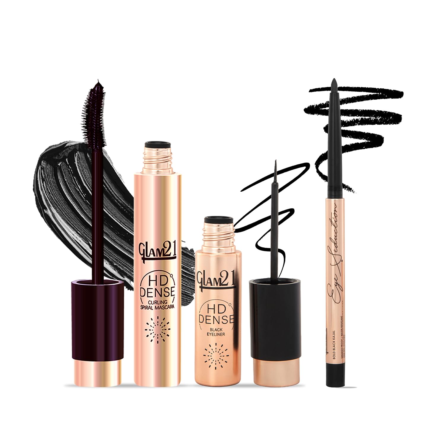 Glam21 Eye Makeup Trio Combo  Hd Dense Curling Spiral Mascara & Black Liquid Eyeliner & Smooth Glide Kajal | Intense Pigment, L