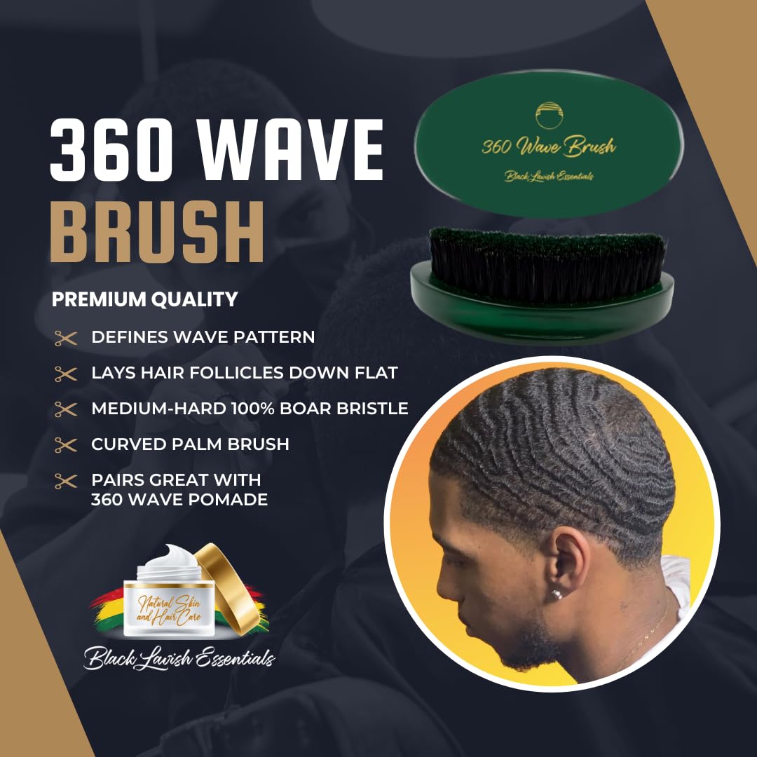 Black Lavish Essentials 360 Wave Brush - Soft & Hard Boar Bristle, Curved Design, Emerald Green, Medium-Hard for Deeper Waves