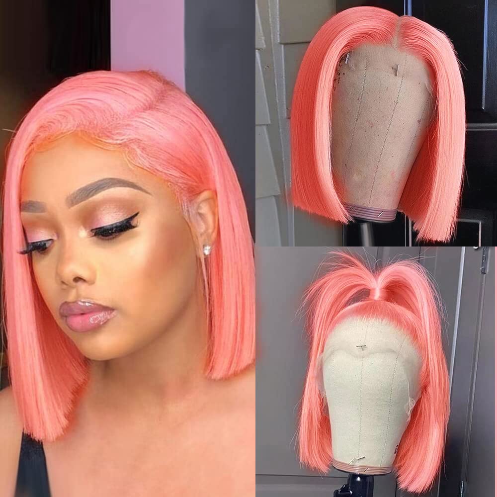 13X4 HD Transparent Straight Pink Short Bob Wig Human Hair Frontal Lace Wig Glueless Blunt Cut Bob Wig 100% Human Virgin Hair La