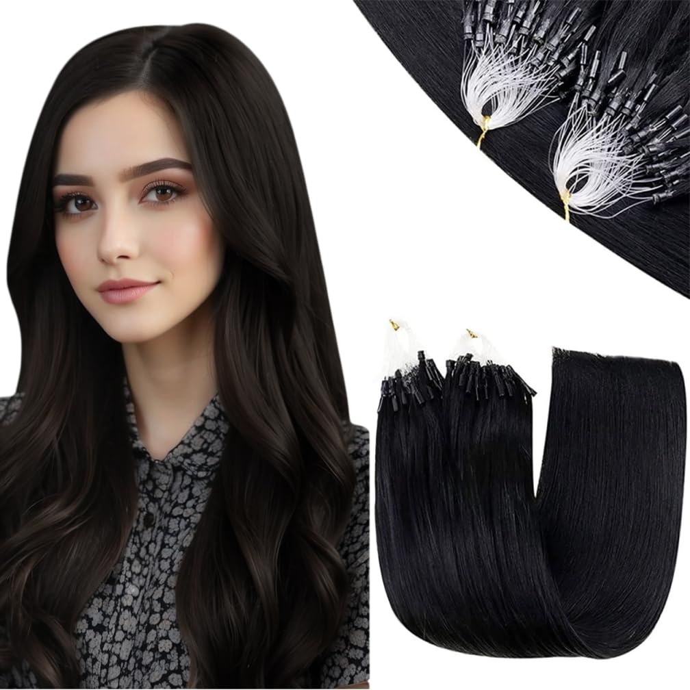 RUNATURE Micro Link Hair Extensions Human Hair Jet Black Micro Bead Hair Extensions Human Hair Black Microbead Hair Extensions 1
