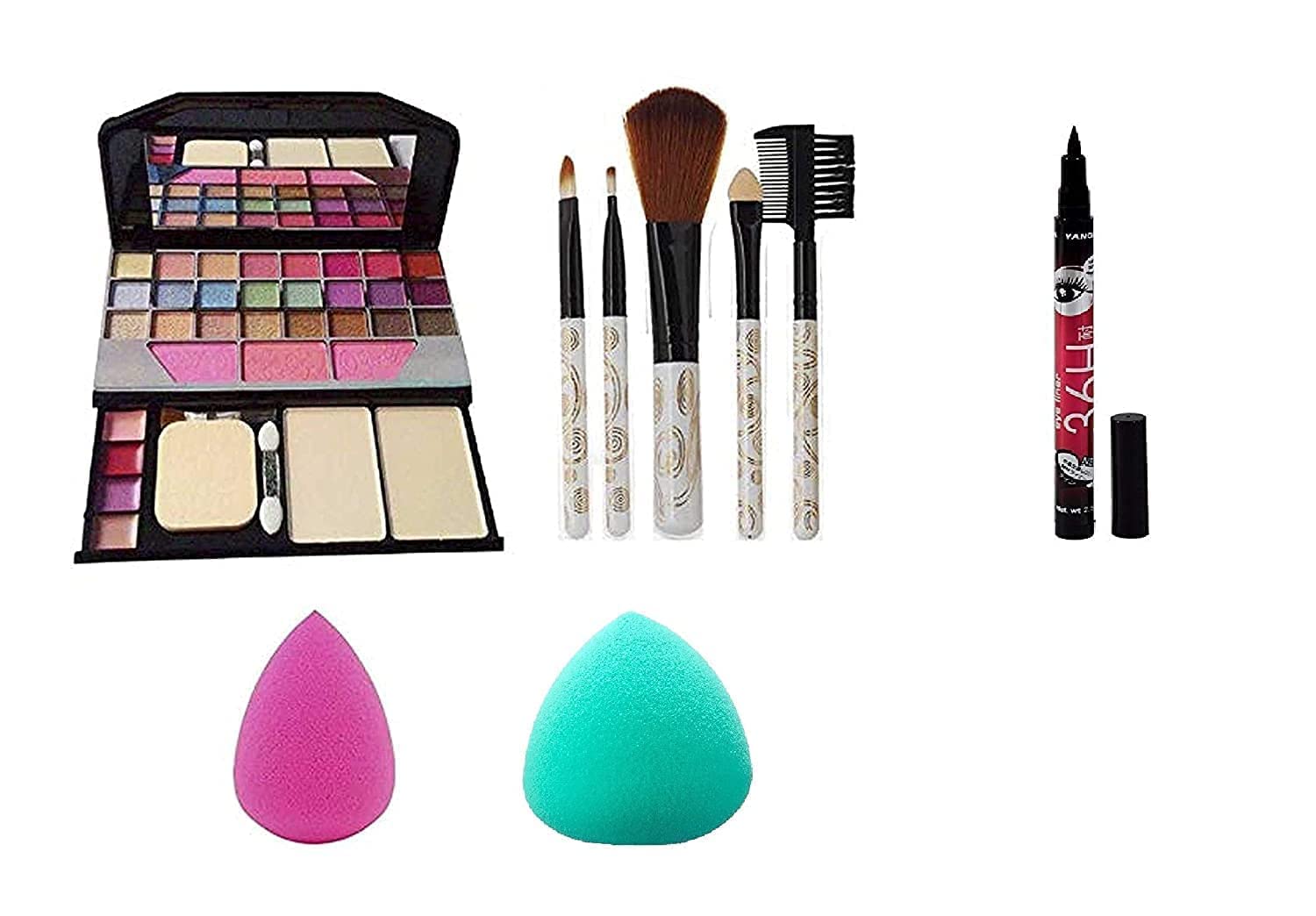 Datnasayad 6155 Makeup Kit With 5 White Light Weight Makeup Brushes Set, 1 36H Waterproof Liquid Eyeliner & 2 Pink Beauty Blende