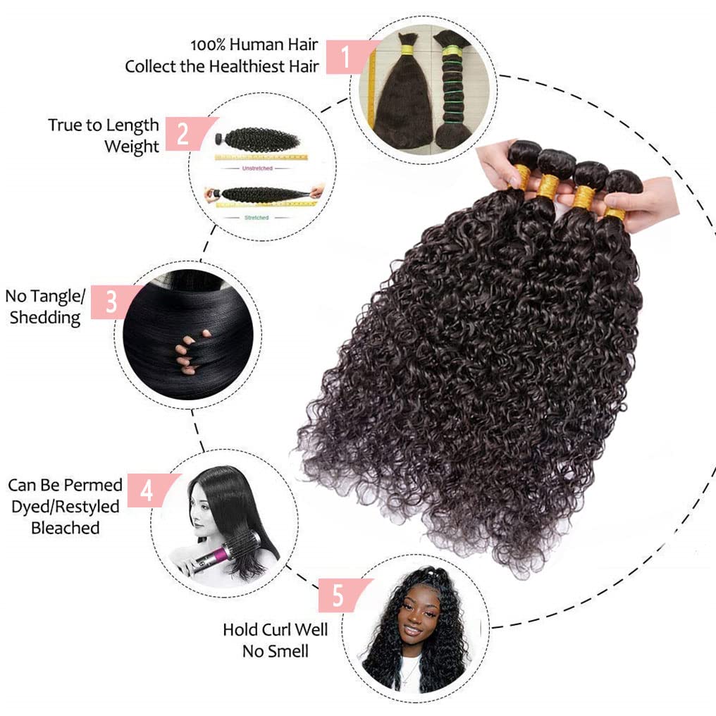 Human Hair Bundles Water Wave 4 Bundles 10 12 14 16 Inch 10A Brazilian Virgin Deep Curly Bundles 100% Unprocessed Wet And Wavy B