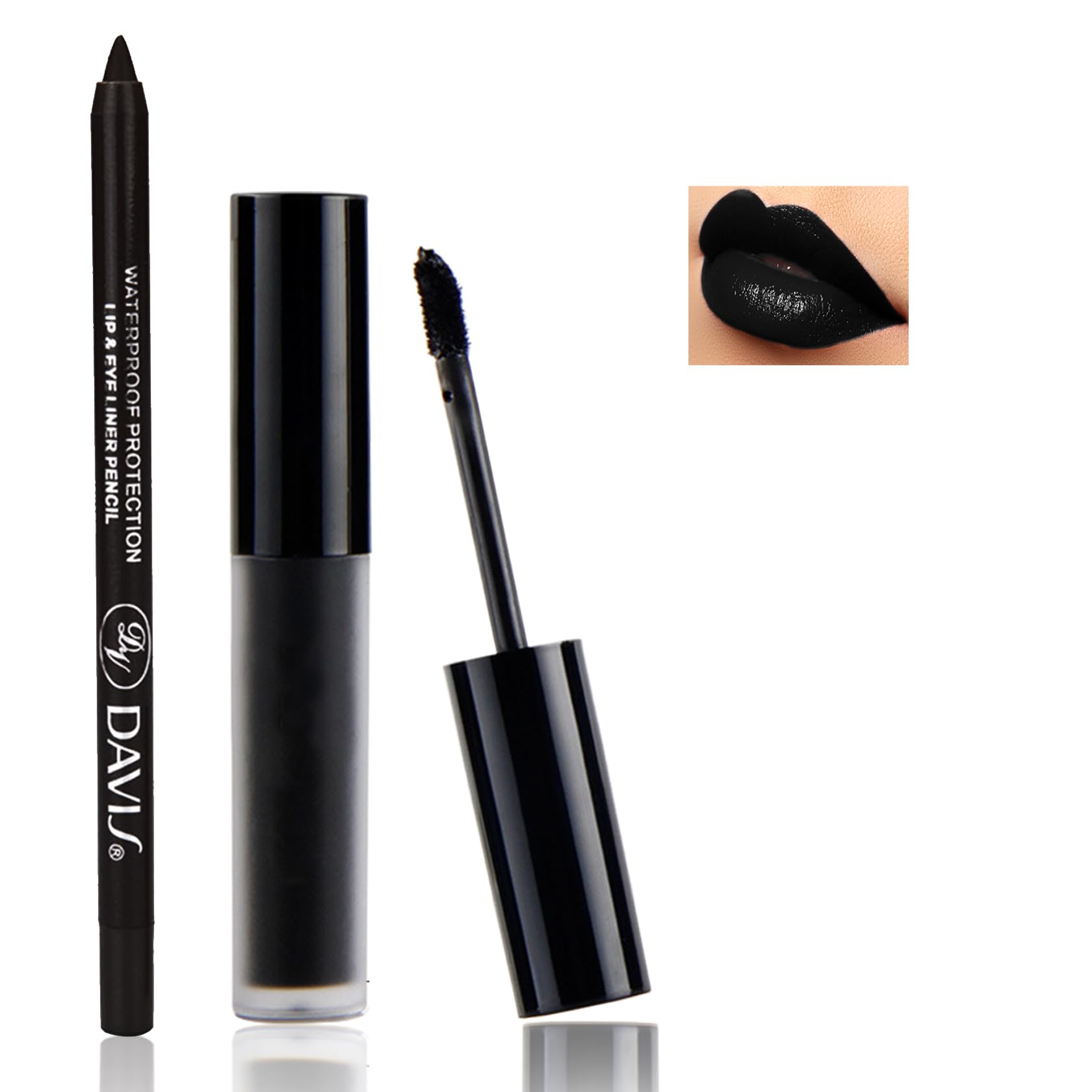 Qiufsse Black Matte Lipstick And Lip Liner Pencil Set Black Liquid Lipstick Lip Gloss Set Smudge Proof Long-Lasting Lip Stain Su
