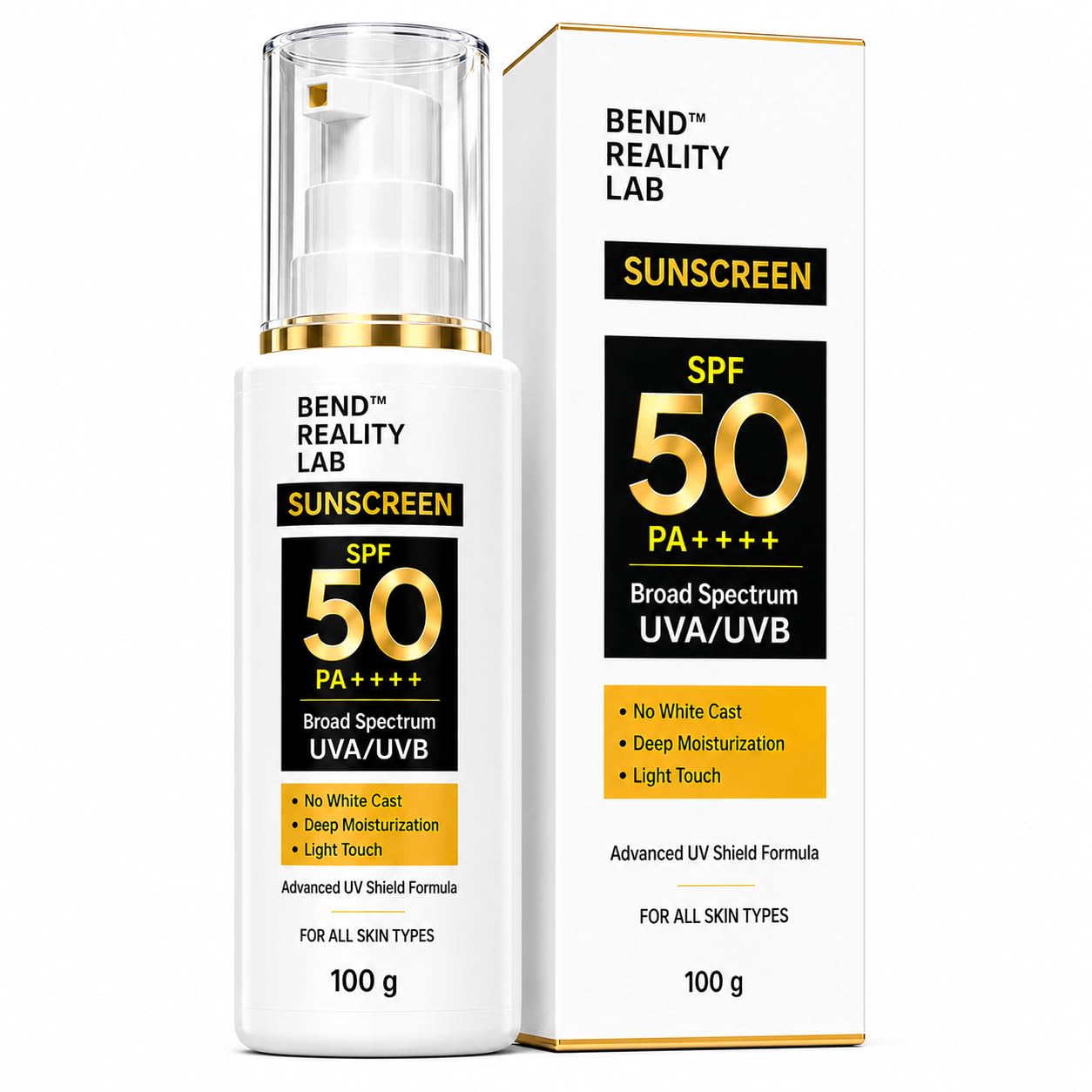 BEND REALITY LAB Sunscreen SPF 50+ PA++++ | Photostable Broad Spectrum UV Protection | Lab Tested | With Hyaluronic Acid, Panthe