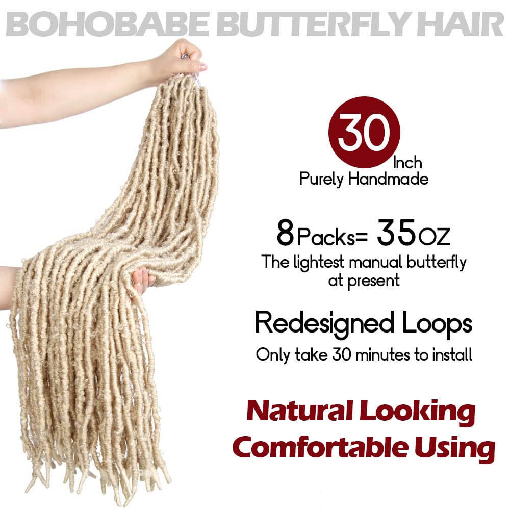Bohobabe 30 Inch Light Weight Butterfly Locs Crochet Hair 8 Packs Long Distressed Butterfly Faux Locs Crochet Hair, 613#(Blonde)