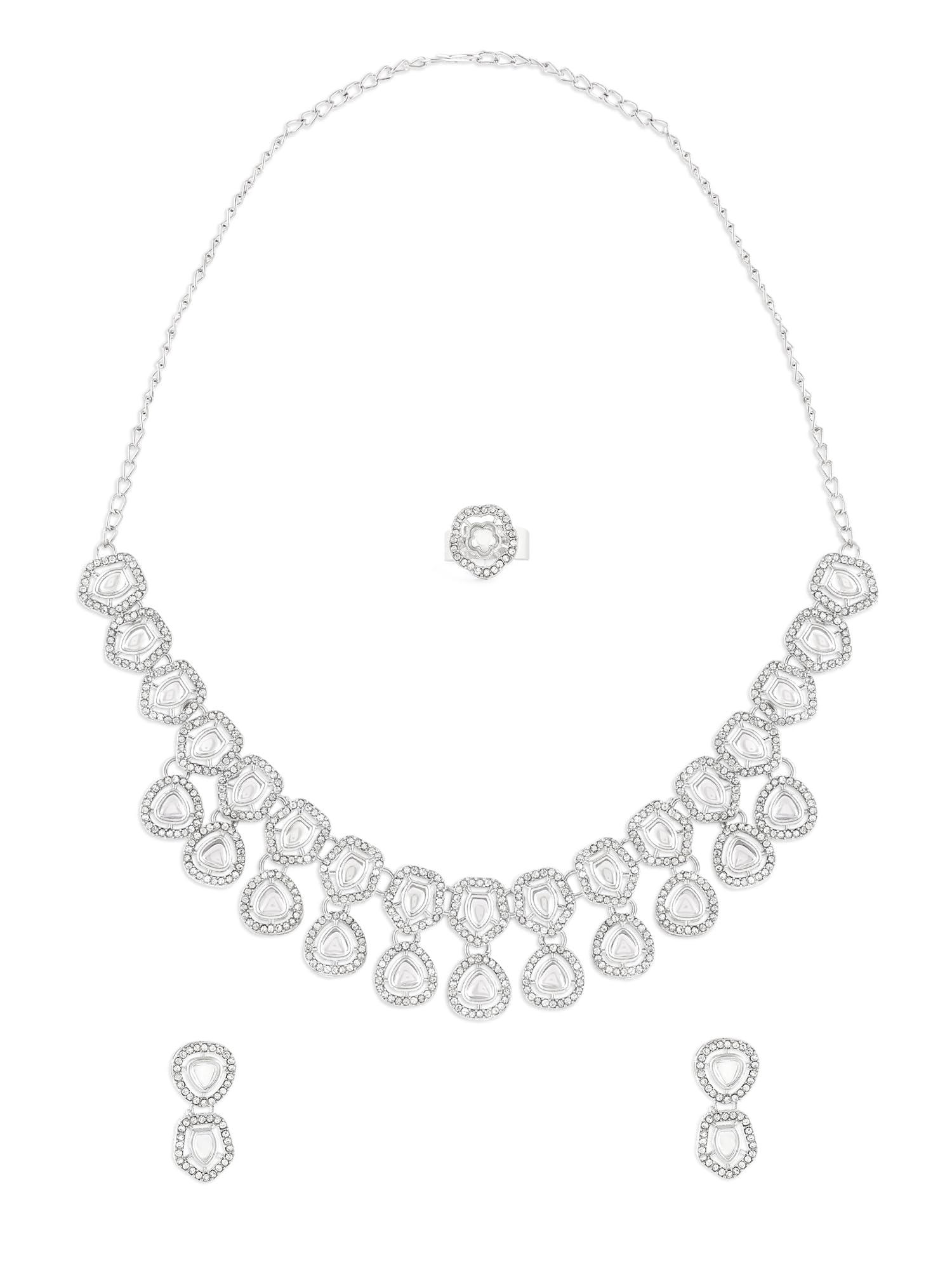 Zaveri Pearls Silver Tone Dazzling Austrian Diamonds Necklace Earring & Ring Set For WomenZpfk17289