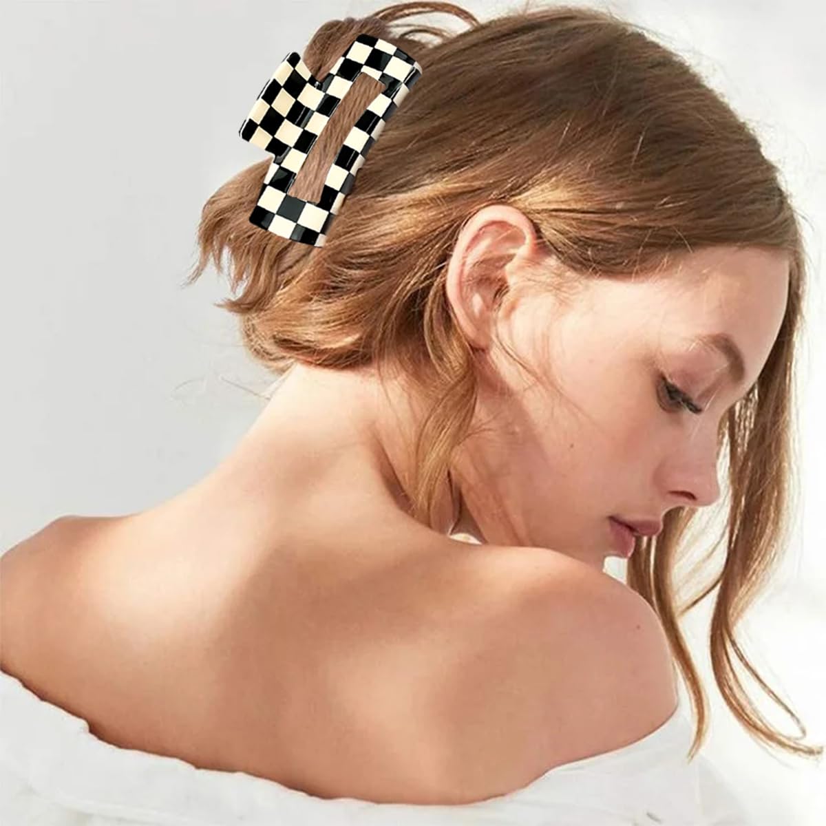 2 PCS Checkered Hair Claw Clips Square Checker Barrettes Cute Non Slip Hair Jaw Clips Strong Hold Rectangle Hair Claw Multicolor