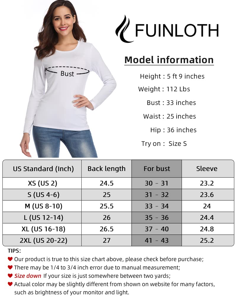 Fuinloth Womens Basic Long Sleeve T Shirts, crewneck Slim Fit Spandex Tops, Plain Layer Underscrub Tees White Small