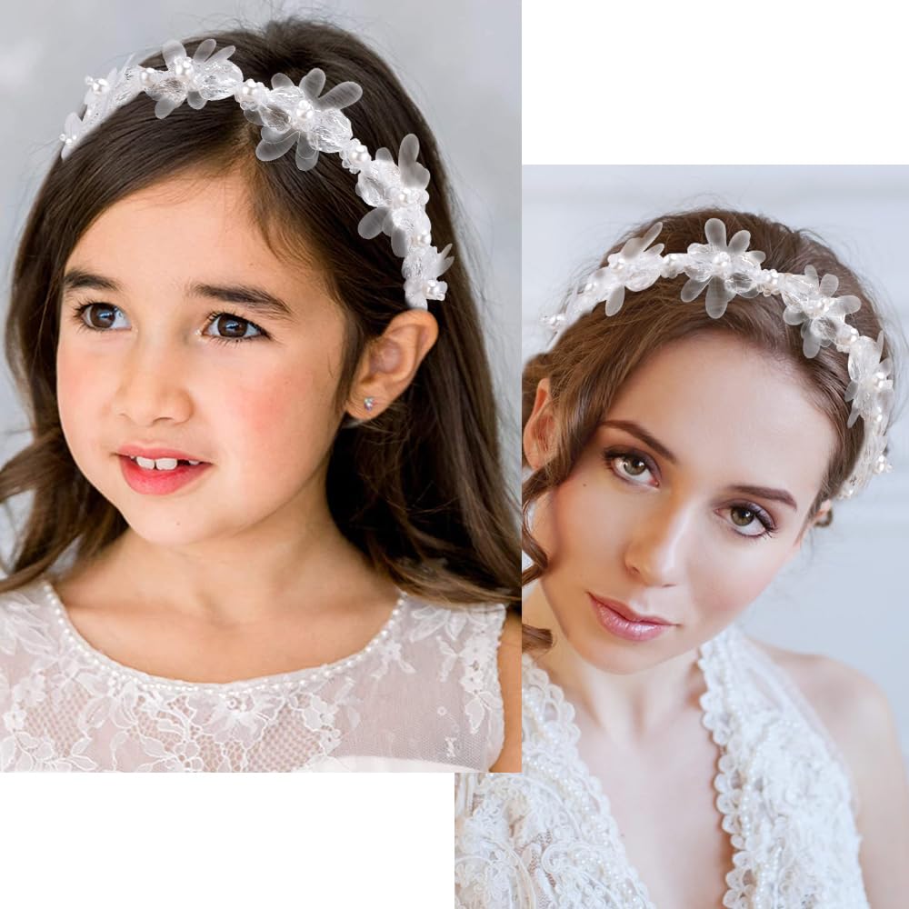 AHONEY Headband, White Flower Headpiece for Women and Girls, Elegant Dressy Hair Band with Pearl, Acrylic, Crystal Beads, Resin