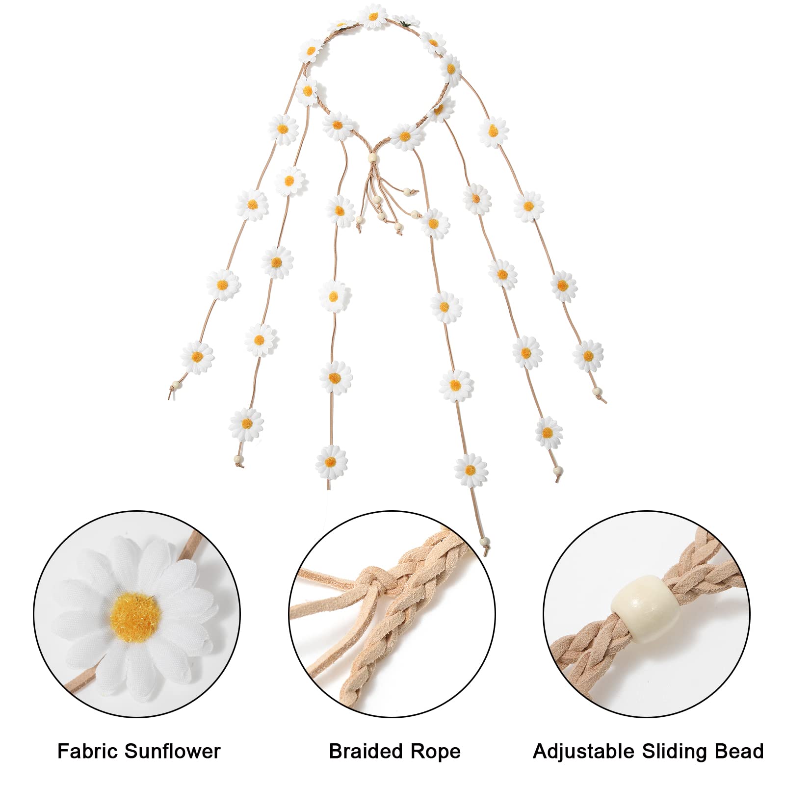 Awaytr Flower Hippie Headband Floral Crown Behemain Sunflowers Beads Adjust Flower Headdress Hair Accessories (White)