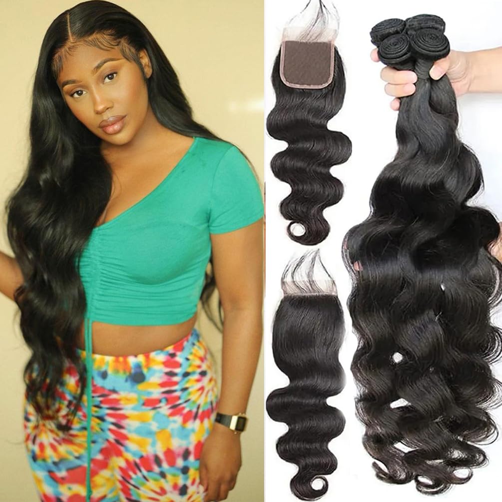 Body Wave Bundles with Closure (20 22 24 26+18C) Human Hair Brazilian 4 Bundles with 4x4 Lace Closure Free Part 12A Grade 100% U