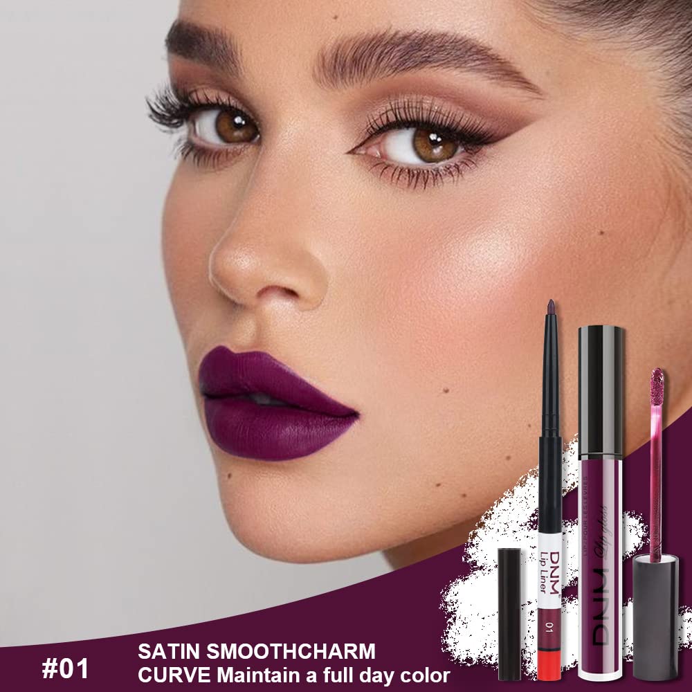 2Pcs Matte Dark Purple Lip Liner And Lipstick Makeup Set, Burgundy Matte Lipstick 24H And Lip Liner Set Deep Berry Matt Lip Glos