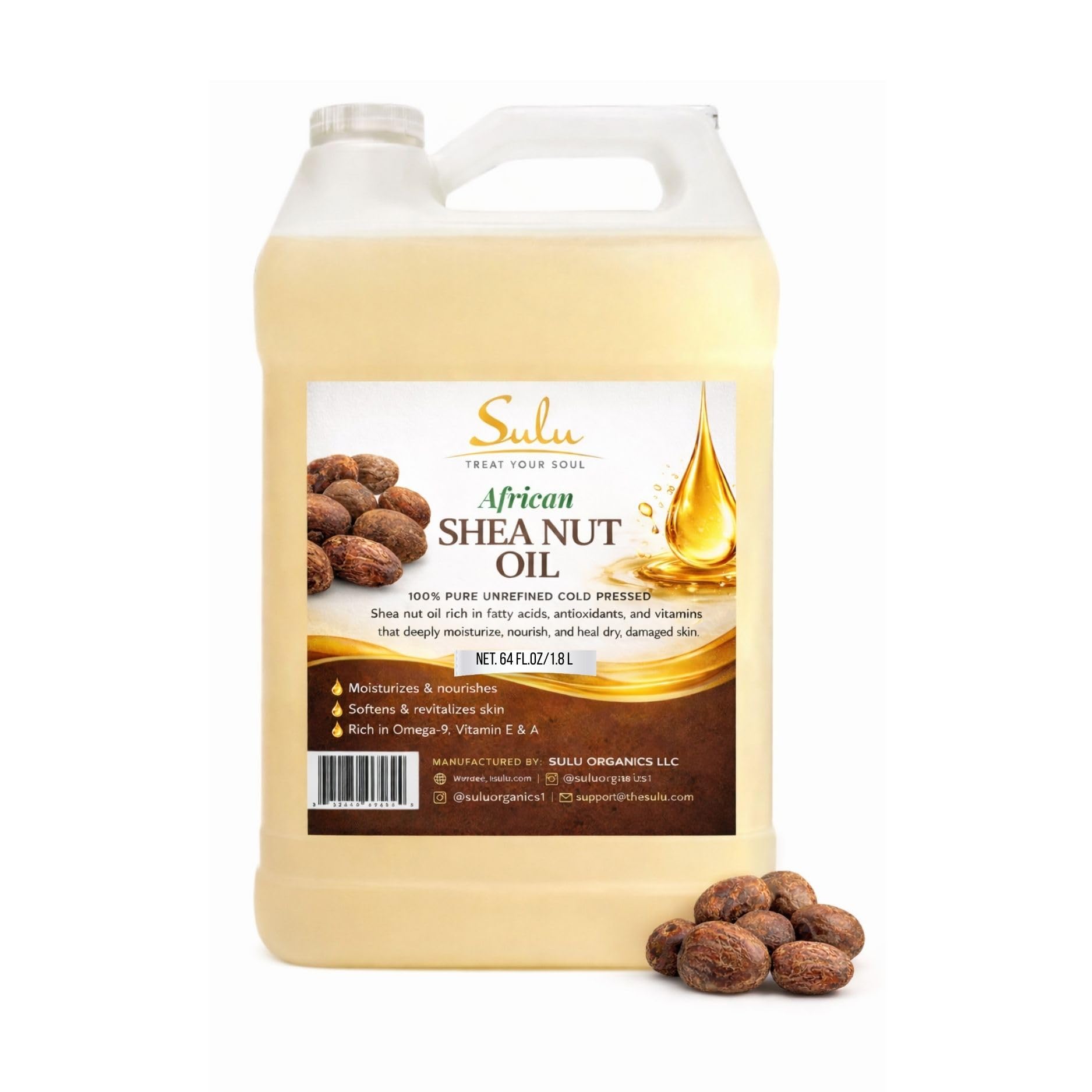 SULU ORGANICS 100% Pure Cold Pressed Unrefined Shea Nut Oil -4 lbs/64 fluid ounces