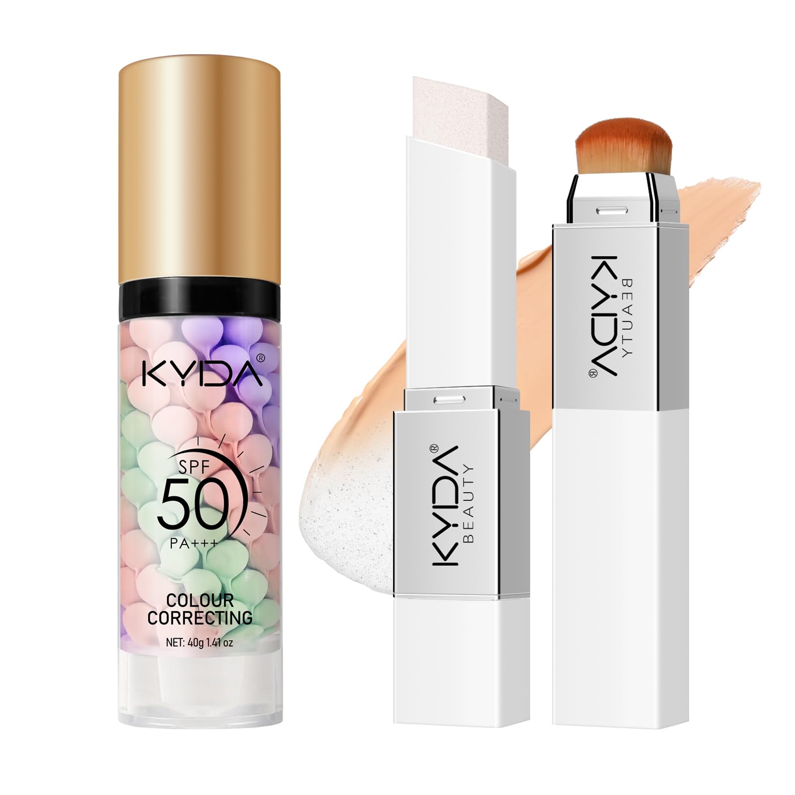 KYDA Color Correcting Primer & Foundation Stick Set, Skin Corrector with SPF50 + Color Changing Foundation Stick with Deep Hydra