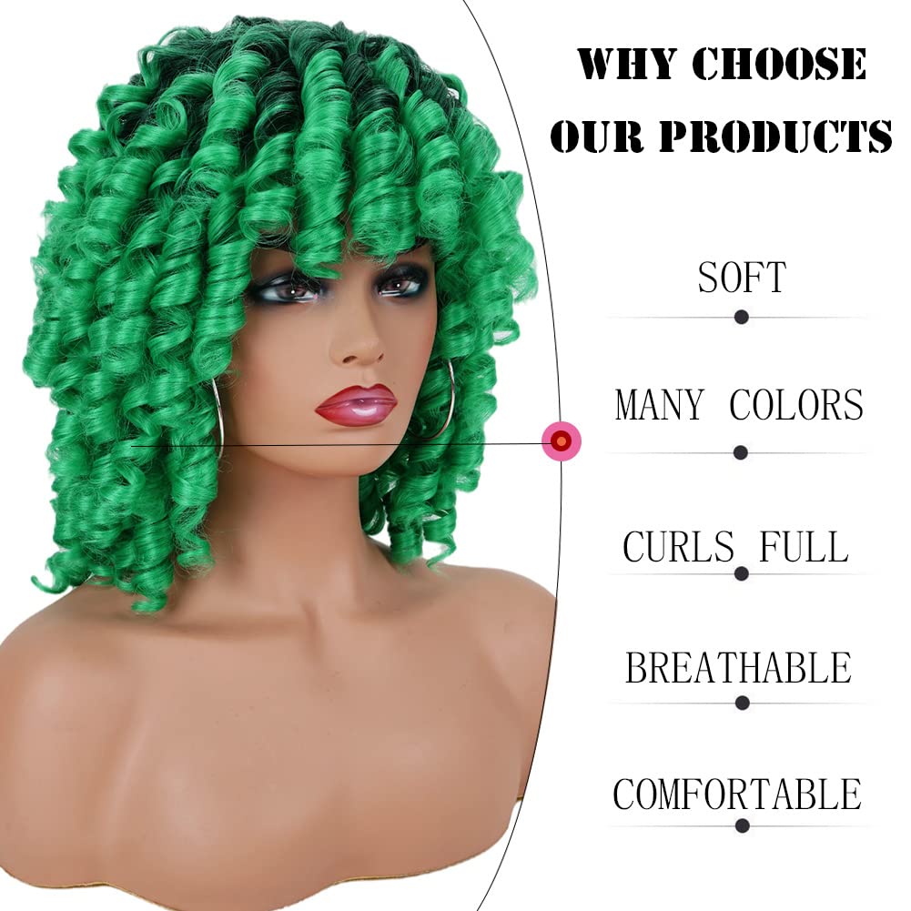 Andromeda Ombre Green Wigs For Black Women Soft Short Curly Wig With Bangs Synthetic Afro Loose Kinky Curly Wig St. Patrick'S Da