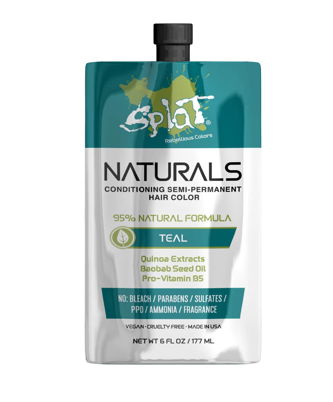 Splat Naturals SemiPermanent Hair Color, Teal, 6 fl. oz., 95% Natural Hair Dye Formula Lasts Up to 30 Washes, Vegan & CrueltyF